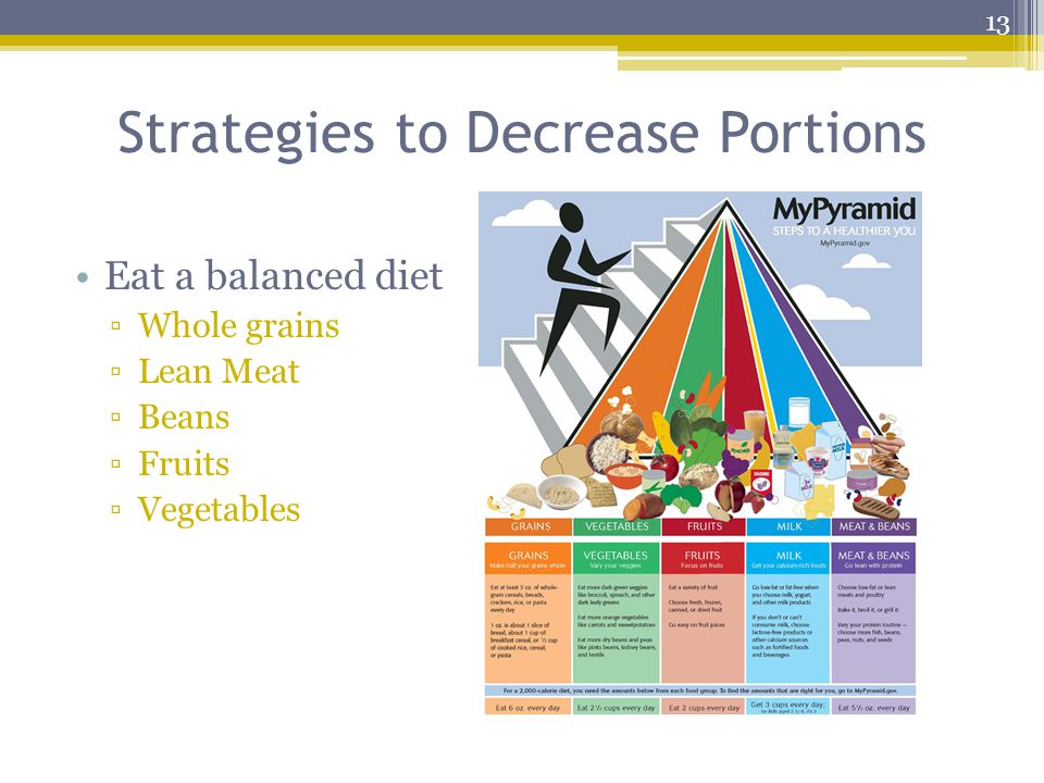Strategies to Decrease Portions Eat a balanced diet ▫Whole grains ▫Lean Meat ▫Beans ▫Fruits ▫Vegetables 13