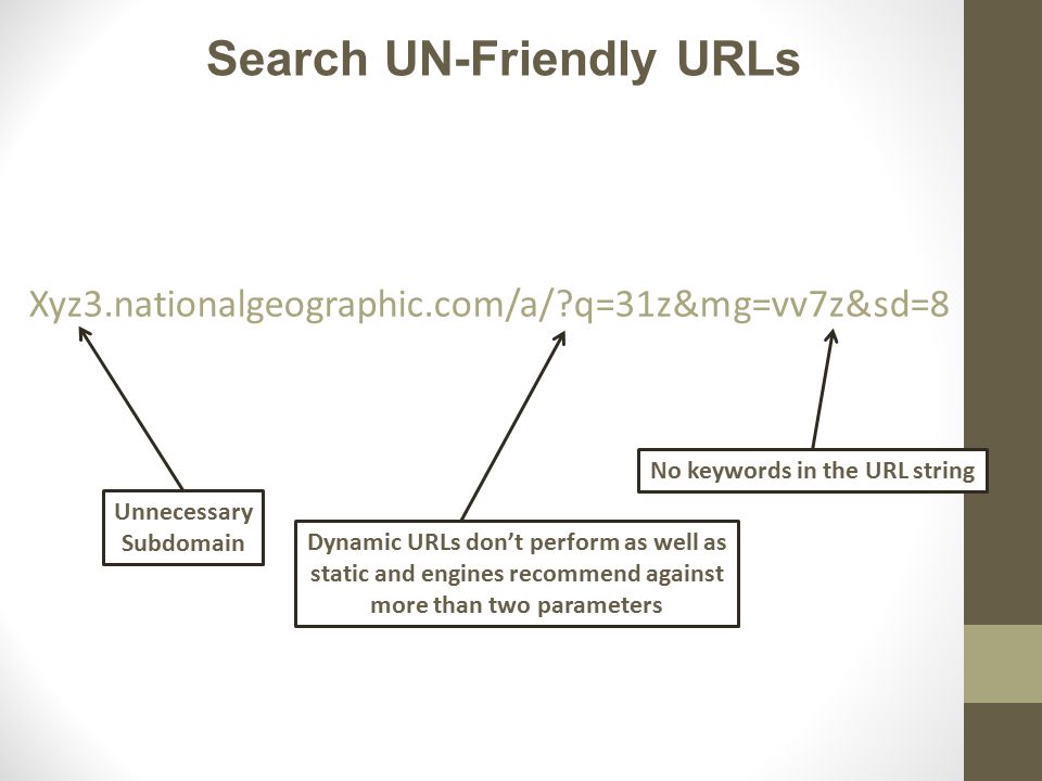 Search UN-Friendly URLs Xyz3.nationalgeographic.com/a/ q=31z&mg=vv7z&sd=8 Unnecessary Subdomain Dynamic URLs don’t perform as well as static and engines recommend against more than two parameters No keywords in the URL string