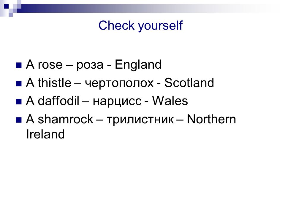 Check yourself A rose – роза - England A thistle – чертополох - Scotland A daffodil – нарцисс - Wales A shamrock – трилистник – Northern Ireland