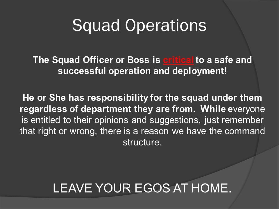 Squad Operations The Squad Officer or Boss is critical to a safe and successful operation and deployment.