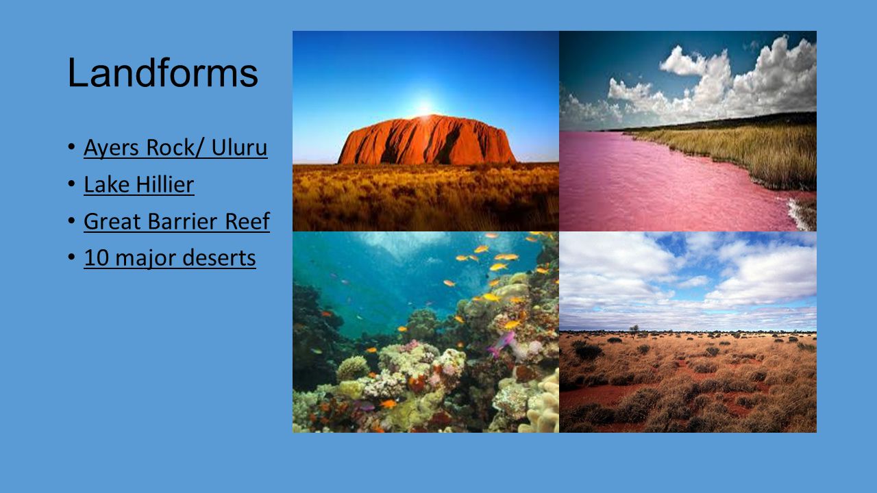 Landforms Ayers Rock/ Uluru Lake Hillier Great Barrier Reef 10 major deserts