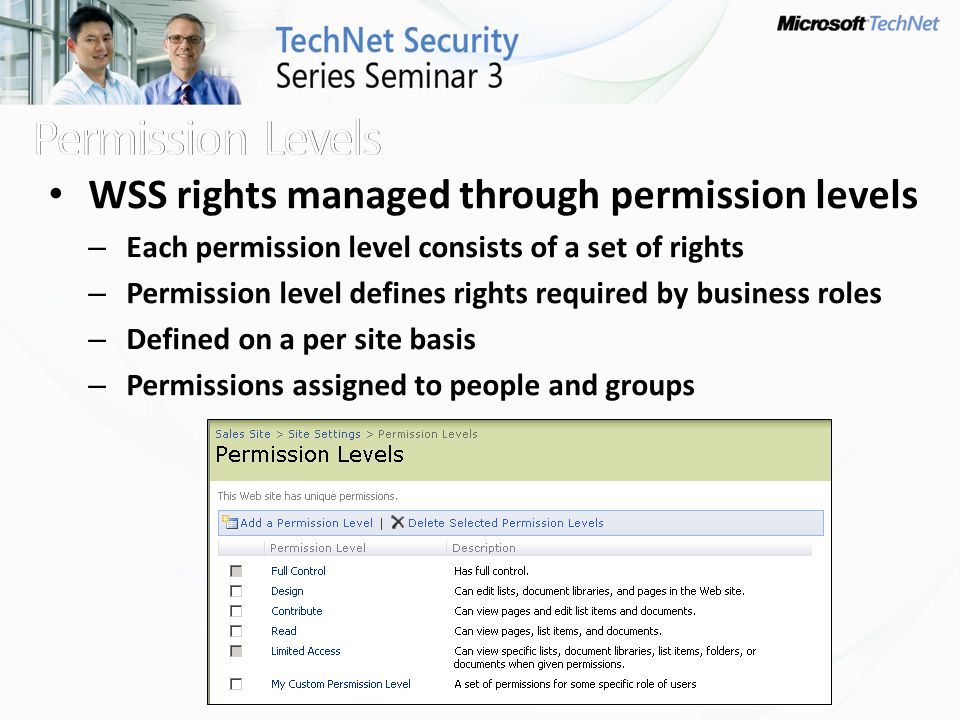 WSS rights managed through permission levels – Each permission level consists of a set of rights – Permission level defines rights required by business roles – Defined on a per site basis – Permissions assigned to people and groups