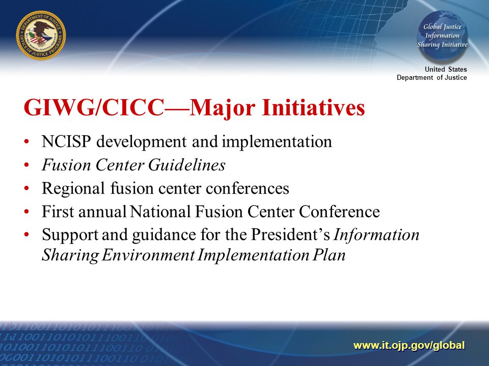 United States Department of Justice   GIWG/CICC—Major Initiatives NCISP development and implementation Fusion Center Guidelines Regional fusion center conferences First annual National Fusion Center Conference Support and guidance for the President’s Information Sharing Environment Implementation Plan