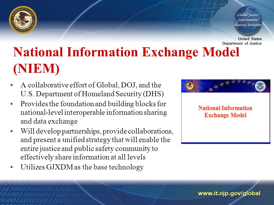 United States Department of Justice   National Information Exchange Model (NIEM) A collaborative effort of Global, DOJ, and the U.S.