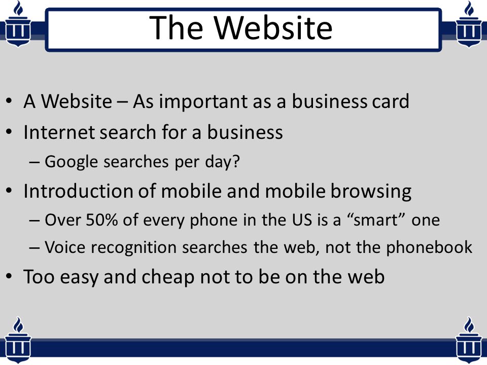 The Website A Website – As important as a business card Internet search for a business – Google searches per day.