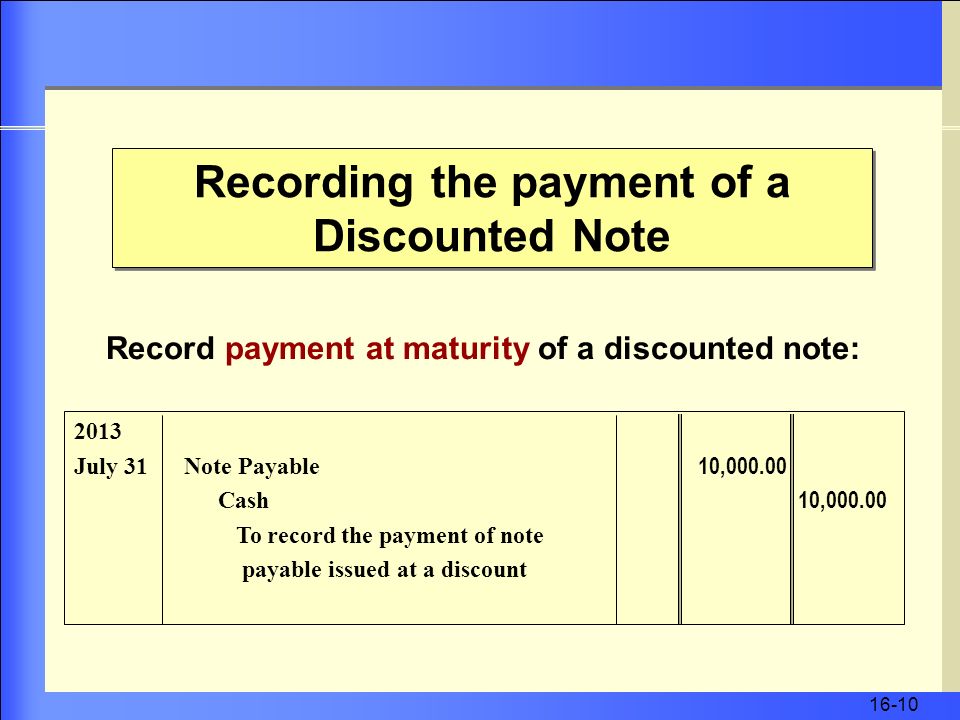 16-10 Recording the payment of a Discounted Note 2013 July 31 Note Payable 10, Cash 10, To record the payment of note payable issued at a discount Record payment at maturity of a discounted note: