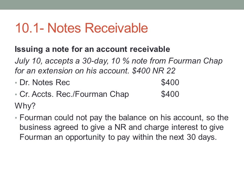 10.1- Notes Receivable Issuing a note for an account receivable July 10, accepts a 30-day, 10 % note from Fourman Chap for an extension on his account.