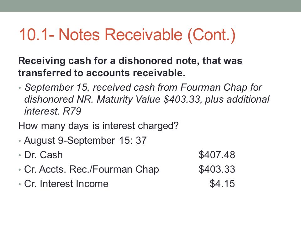 10.1- Notes Receivable (Cont.) Receiving cash for a dishonored note, that was transferred to accounts receivable.