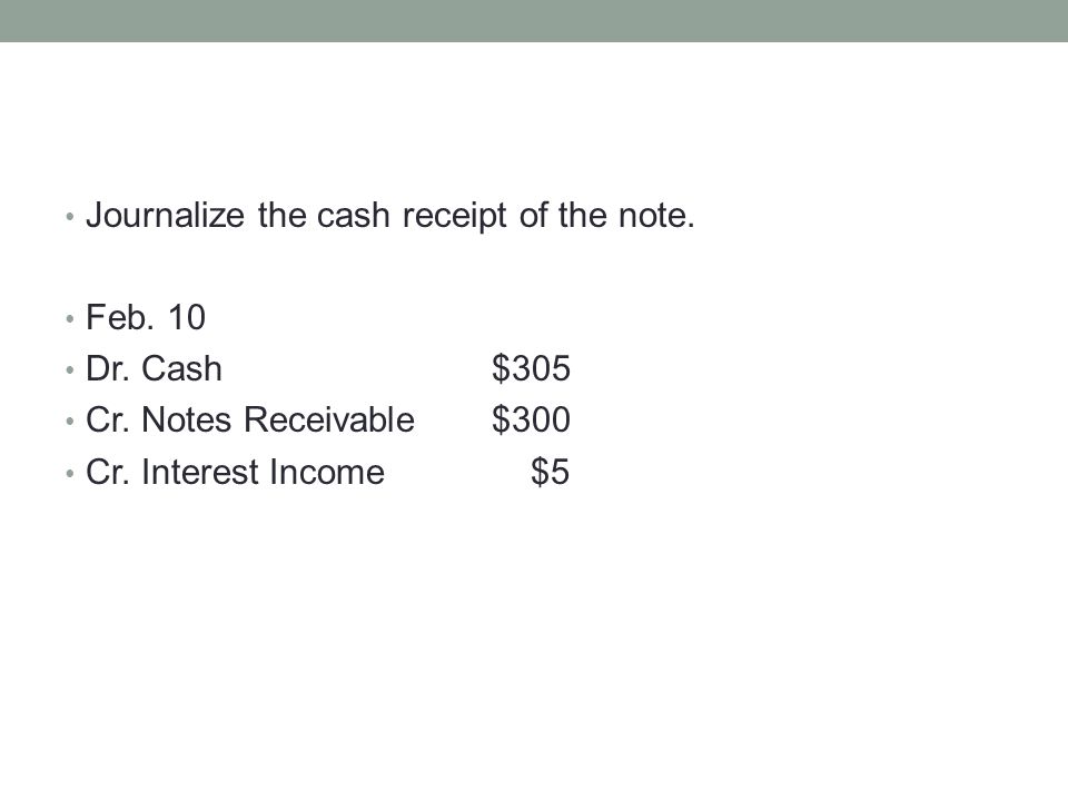 Journalize the cash receipt of the note. Feb. 10 Dr.
