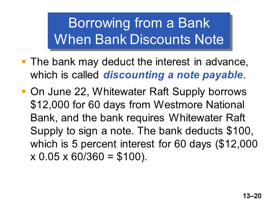 13–20 Borrowing from a Bank When Bank Discounts Note  The bank may deduct the interest in advance, which is called discounting a note payable.