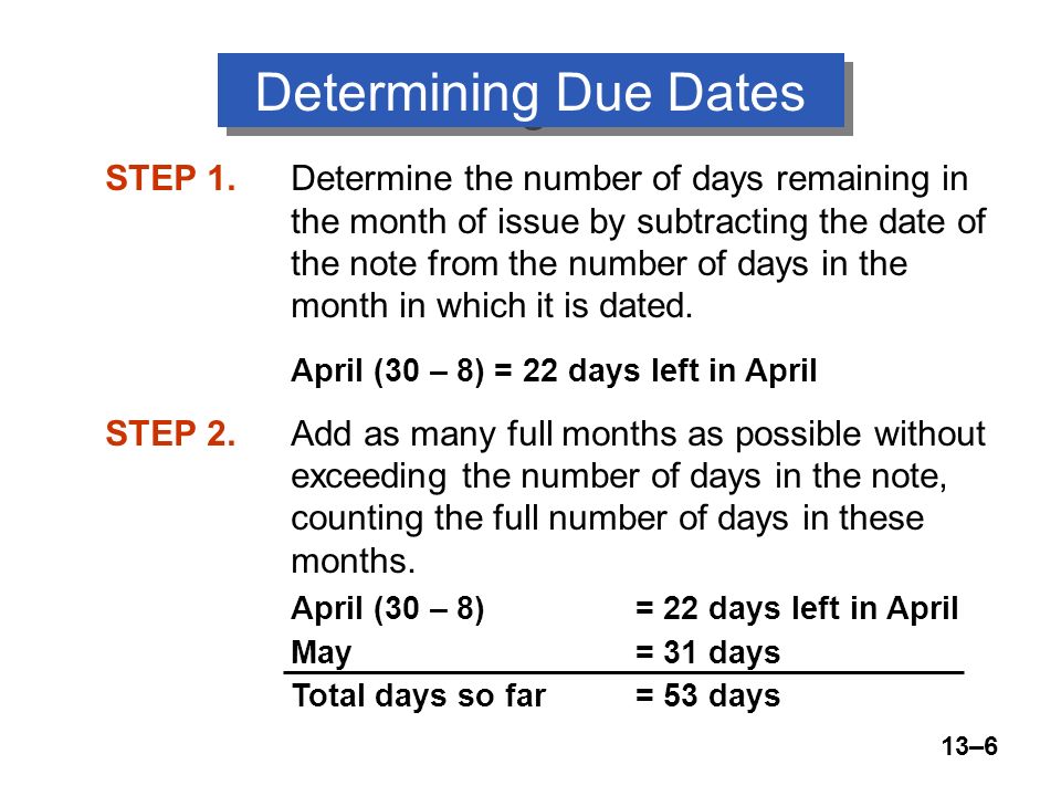 13–6 STEP 1.Determine the number of days remaining in the month of issue by subtracting the date of the note from the number of days in the month in which it is dated.