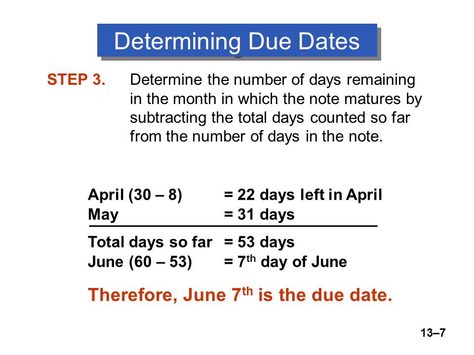 13–7 STEP 3.Determine the number of days remaining in the month in which the note matures by subtracting the total days counted so far from the number of days in the note.