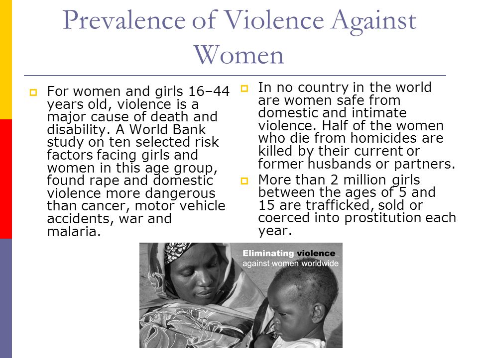 Prevalence of Violence Against Women  For women and girls 16–44 years old, violence is a major cause of death and disability.