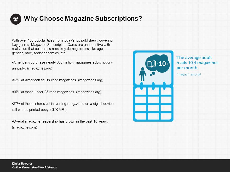 With over 100 popular titles from today’s top publishers, covering key genres, Magazine Subscription Cards are an incentive with real value that cut across most key demographics, like age, gender, race, socioeconomics, etc.