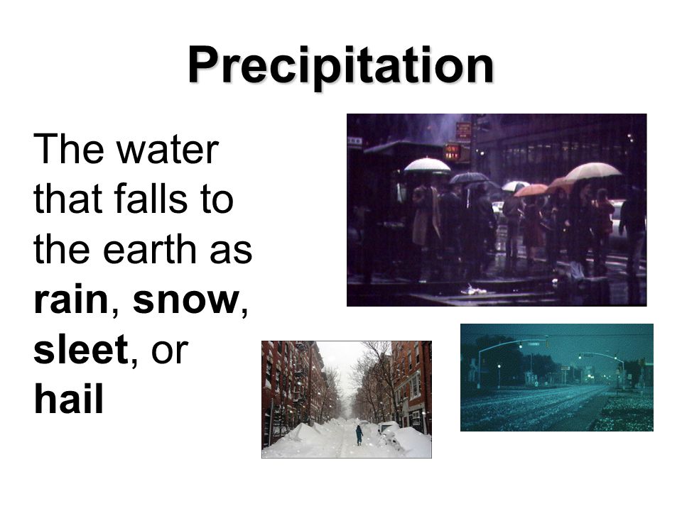 Precipitation The water that falls to the earth as rain, snow, sleet, or hail