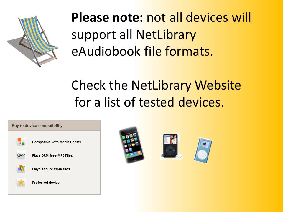 Please note: not all devices will support all NetLibrary eAudiobook file formats.
