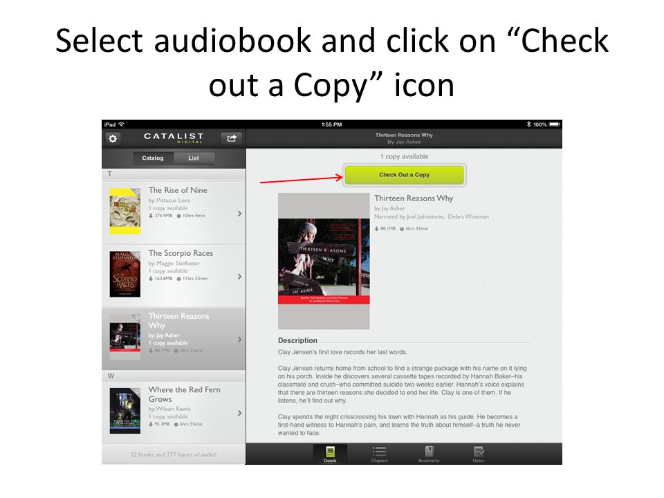 Select audiobook and click on Check out a Copy icon