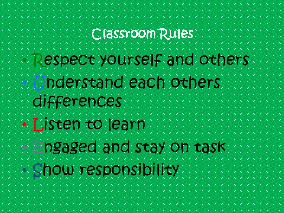 Classroom Rules Respect yourself and others Understand each others differences Listen to learn Engaged and stay on task Show responsibility