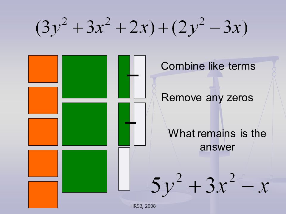HRSB, 2008 Combine like terms Remove any zeros What remains is the answer
