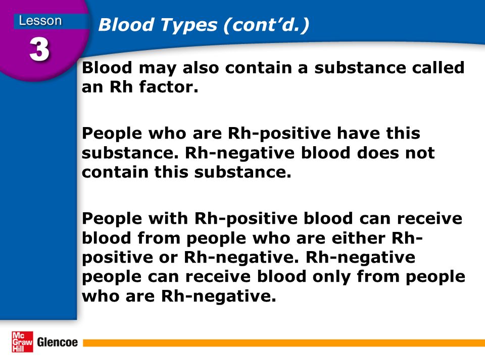 Blood may also contain a substance called an Rh factor.