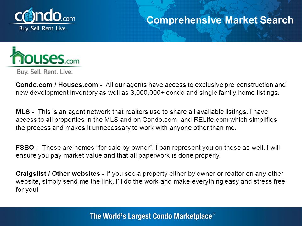 Comprehensive Market Search MLS - This is an agent network that realtors use to share all available listings.