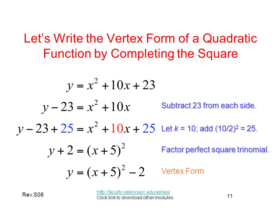 rev s08 mac 1105 module 4 quadratic functions and equations ppt completing the square for vertex form