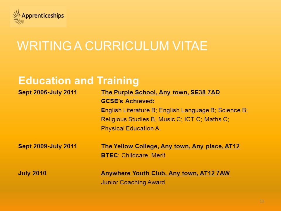 WRITING A CURRICULUM VITAE Education and Training Sept 2006-July 2011 The Purple School, Any town, SE38 7AD GCSE’s Achieved: English Literature B; English Language B; Science B; Religious Studies B, Music C; ICT C; Maths C; Physical Education A.