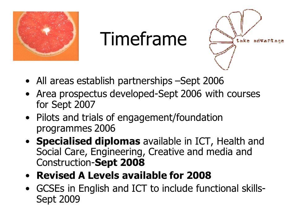 Timeframe All areas establish partnerships –Sept 2006 Area prospectus developed-Sept 2006 with courses for Sept 2007 Pilots and trials of engagement/foundation programmes 2006 Specialised diplomas available in ICT, Health and Social Care, Engineering, Creative and media and Construction-Sept 2008 Revised A Levels available for 2008 GCSEs in English and ICT to include functional skills- Sept 2009