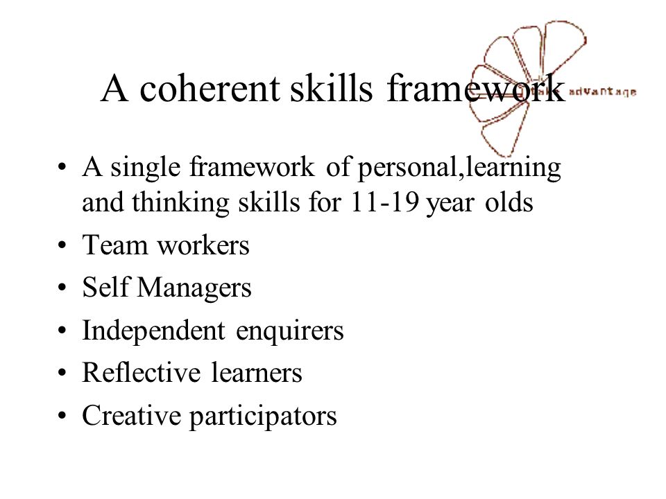 A coherent skills framework A single framework of personal,learning and thinking skills for year olds Team workers Self Managers Independent enquirers Reflective learners Creative participators