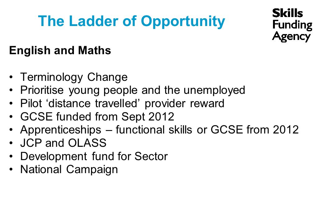 The Ladder of Opportunity English and Maths Terminology Change Prioritise young people and the unemployed Pilot ‘distance travelled’ provider reward GCSE funded from Sept 2012 Apprenticeships – functional skills or GCSE from 2012 JCP and OLASS Development fund for Sector National Campaign