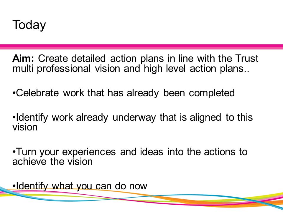 Today Aim: Create detailed action plans in line with the Trust multi professional vision and high level action plans..