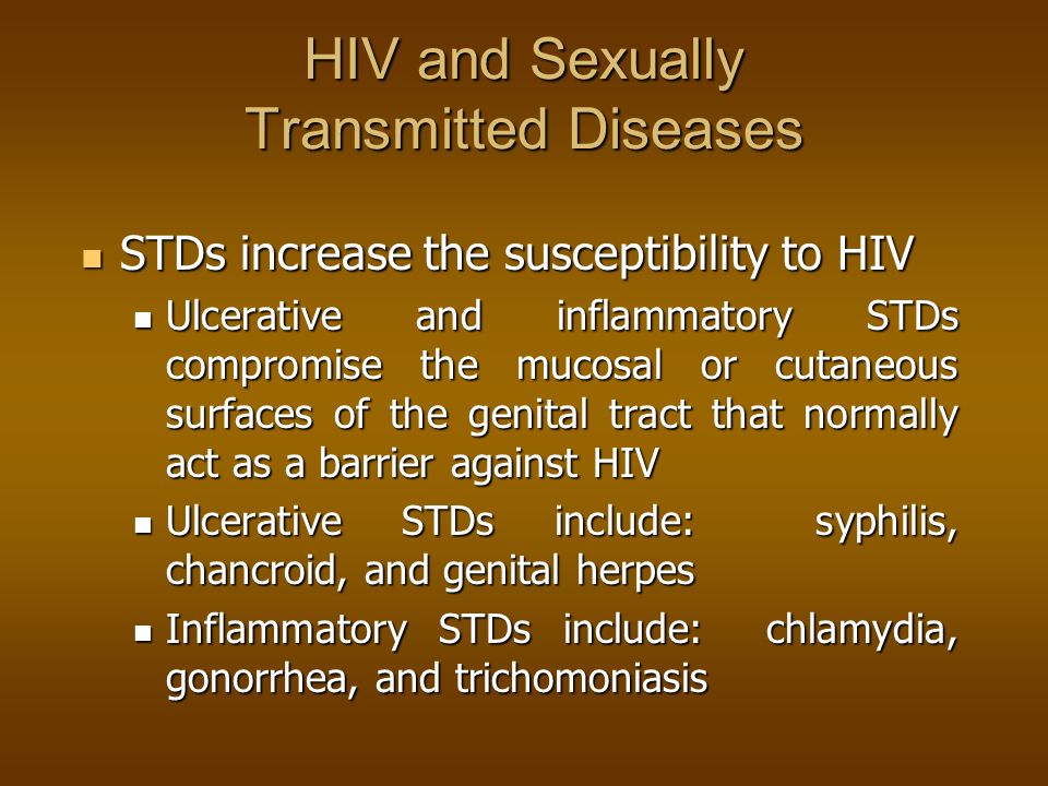 STDs increase infectivity of HIV A person co-infected with an STD and HIV may be more likely to transmit HIV due to an increase in HIV viral shedding A person co-infected with an STD and HIV may be more likely to transmit HIV due to an increase in HIV viral shedding More white blood cells, some carrying HIV, may be present in the mucosa of the genital area due to a sexually transmitted infection More white blood cells, some carrying HIV, may be present in the mucosa of the genital area due to a sexually transmitted infection