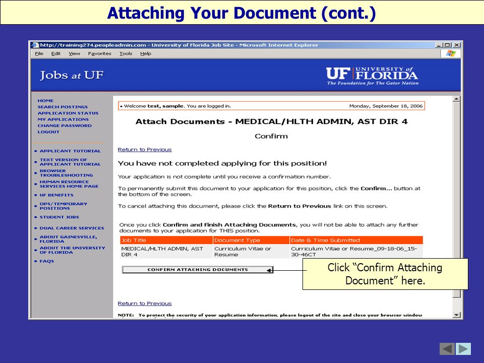 Click Confirm Attaching Document here. Attaching Your Document (cont.)
