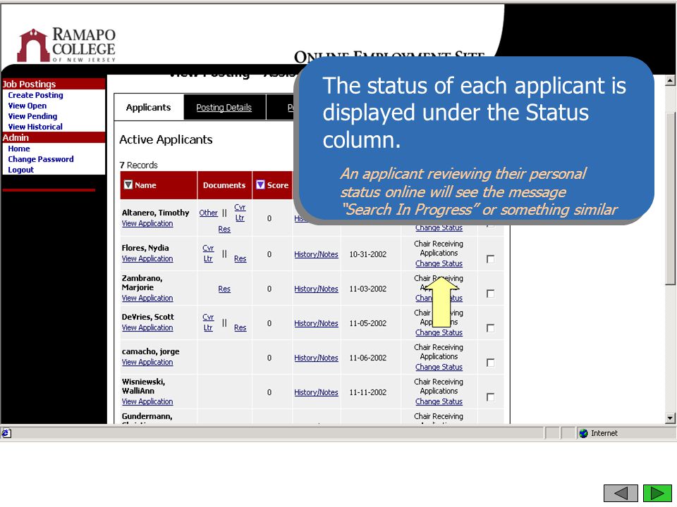 The status of each applicant is displayed under the Status column.