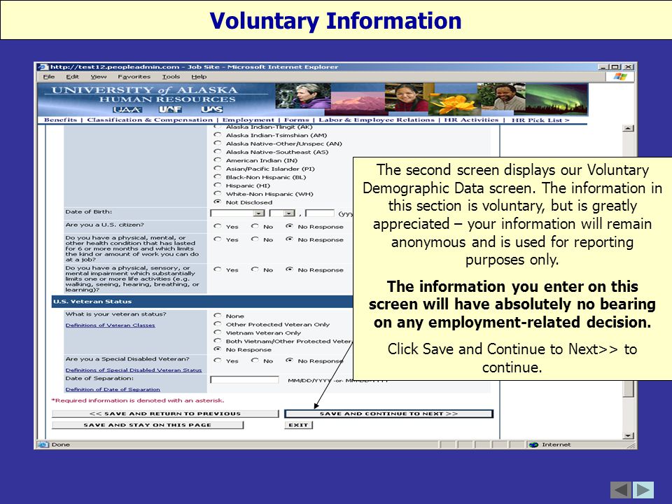 The second screen displays our Voluntary Demographic Data screen.