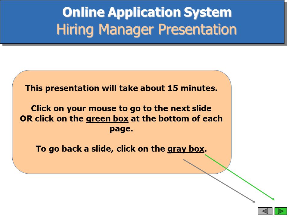 Online Application System Hiring Manager Presentation This presentation will take about 15 minutes.