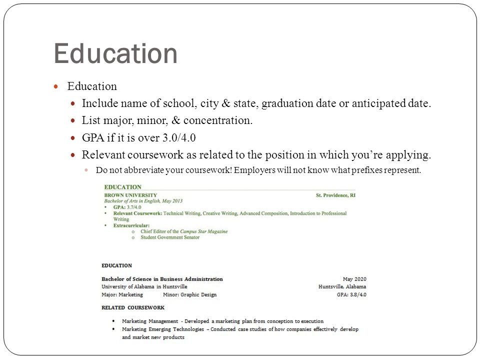 listing relevant coursework on cv