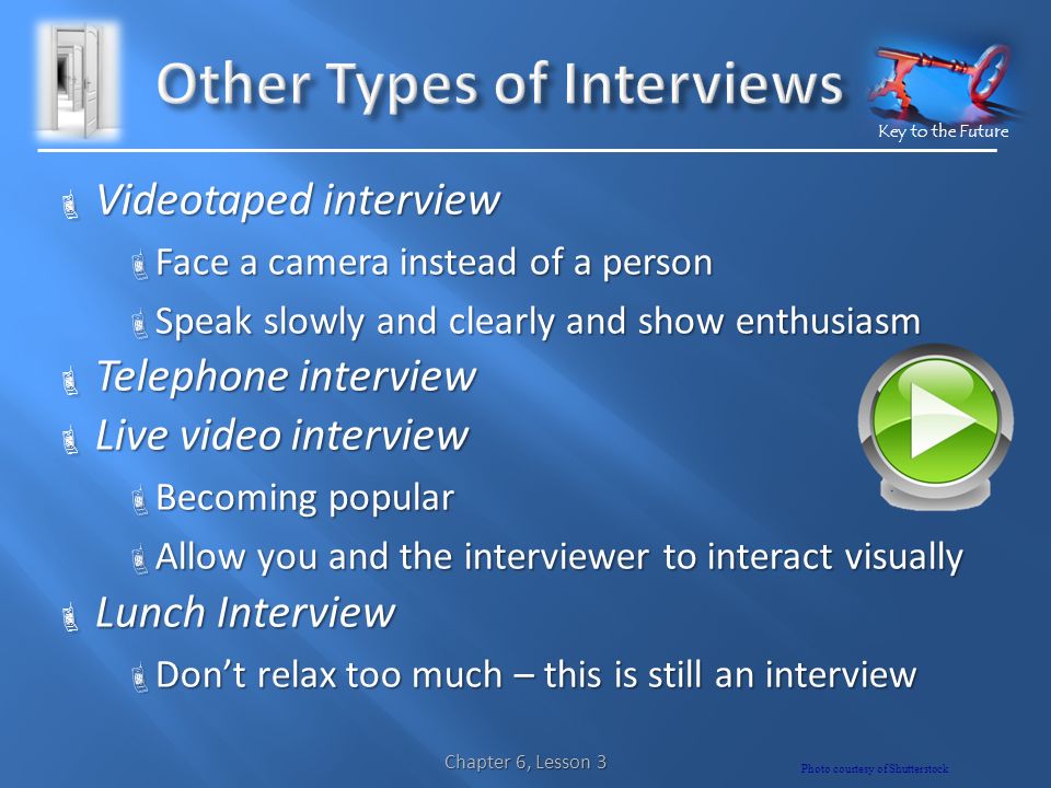 Key to the Future  Videotaped interview  Face a camera instead of a person  Speak slowly and clearly and show enthusiasm  Telephone interview  Live video interview  Becoming popular  Allow you and the interviewer to interact visually  Lunch Interview  Don’t relax too much – this is still an interview Chapter 6, Lesson 3 Photo courtesy of Shutterstock