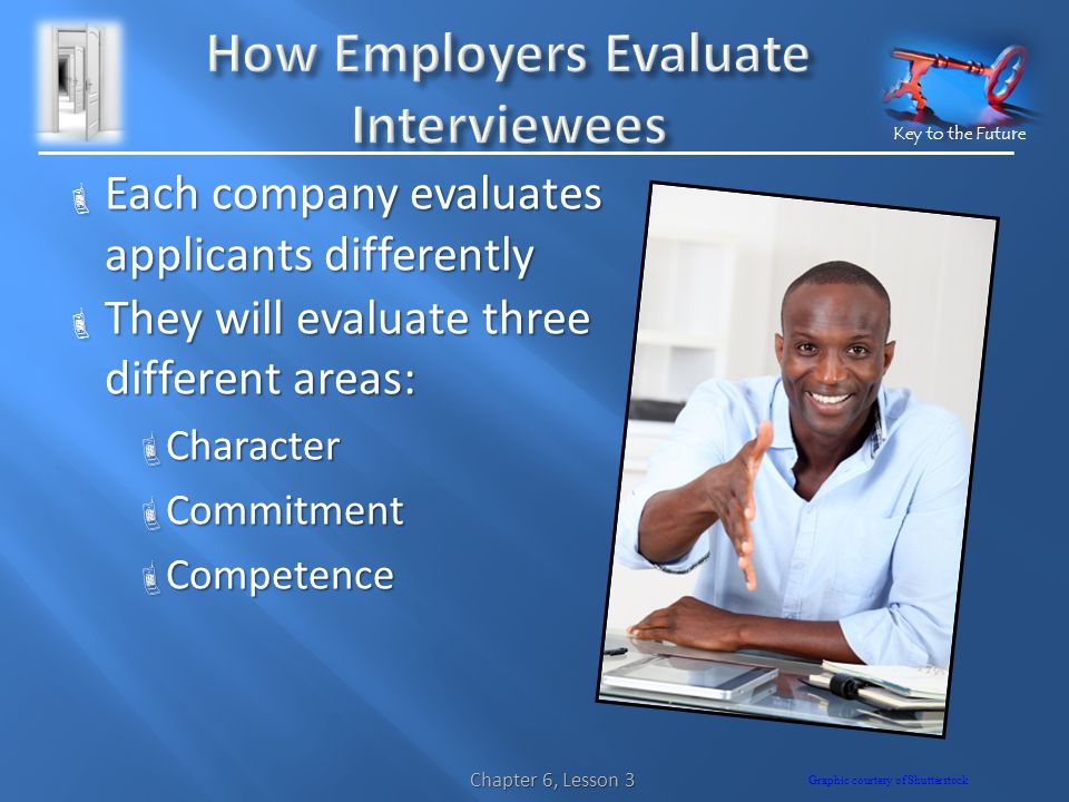 Key to the Future  Each company evaluates applicants differently  They will evaluate three different areas:  Character  Commitment  Competence Chapter 6, Lesson 3 Graphic courtesy of Shutterstock