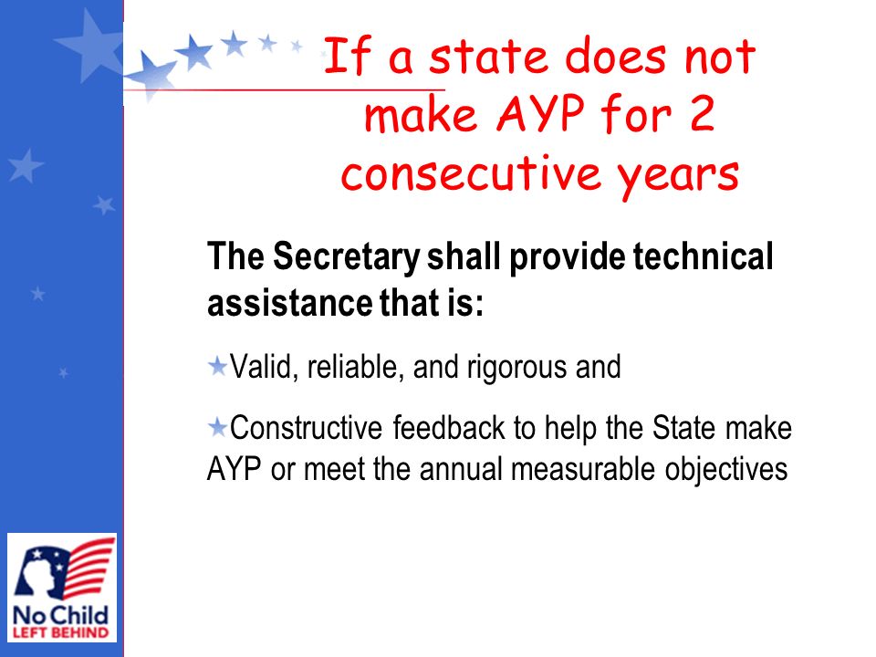 If a state does not make AYP for 2 consecutive years The Secretary shall provide technical assistance that is: Valid, reliable, and rigorous and Constructive feedback to help the State make AYP or meet the annual measurable objectives