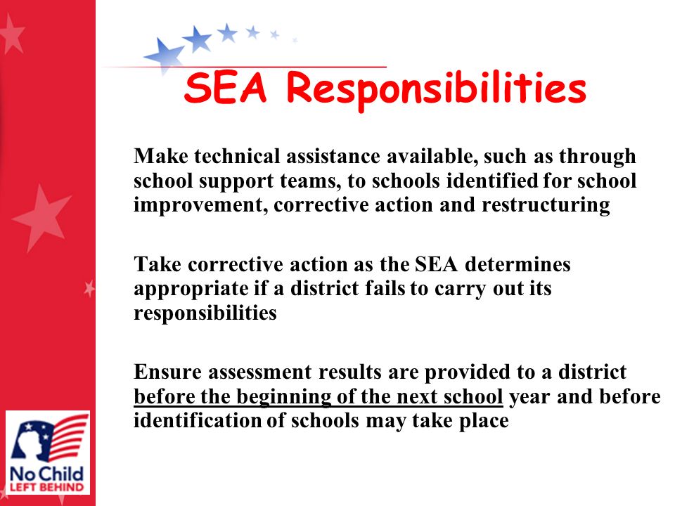 SEA Responsibilities Make technical assistance available, such as through school support teams, to schools identified for school improvement, corrective action and restructuring Take corrective action as the SEA determines appropriate if a district fails to carry out its responsibilities Ensure assessment results are provided to a district before the beginning of the next school year and before identification of schools may take place