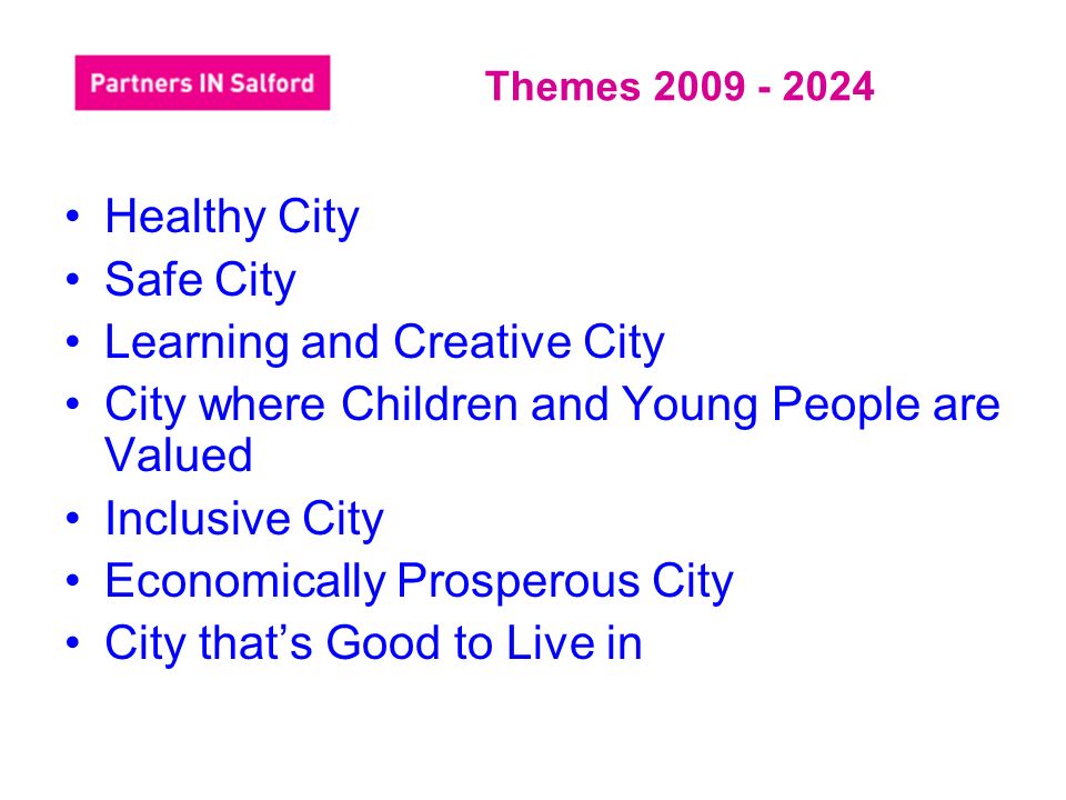 Healthy City Safe City Learning and Creative City City where Children and Young People are Valued Inclusive City Economically Prosperous City City that’s Good to Live in Themes