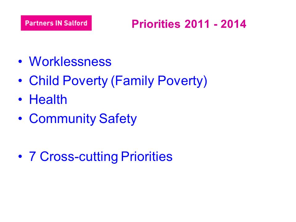 Worklessness Child Poverty (Family Poverty) Health Community Safety 7 Cross-cutting Priorities Priorities