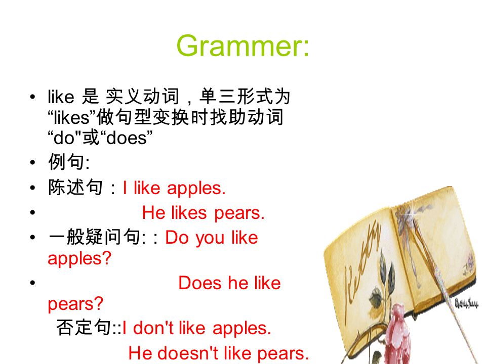 Grammer: like 是 实义动词，单三形式为 likes 做句型变换时找助动词 do 或 does 例句 : 陈述句： I like apples.