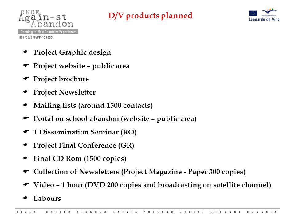  Project Graphic design  Project website – public area  Project brochure  Project Newsletter  Mailing lists (around 1500 contacts)  Portal on school abandon (website – public area)  1 Dissemination Seminar (RO)  Project Final Conference (GR)  Final CD Rom (1500 copies)  Collection of Newsletters (Project Magazine - Paper 300 copies)  Video – 1 hour (DVD 200 copies and broadcasting on satellite channel)  Labours D/V products planned