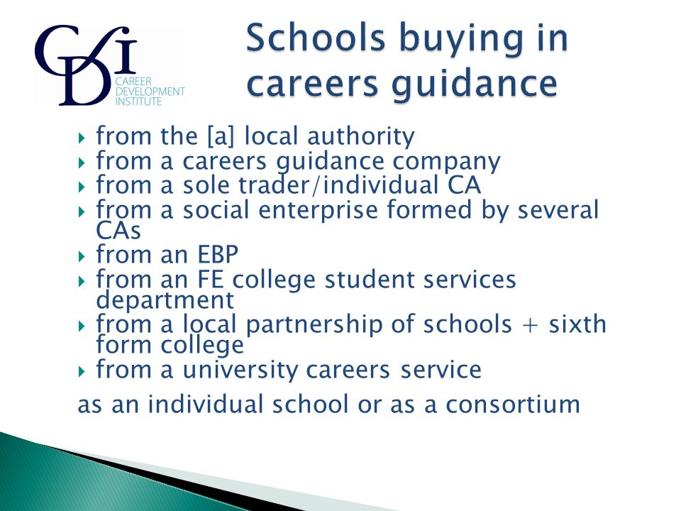  from the [a] local authority  from a careers guidance company  from a sole trader/individual CA  from a social enterprise formed by several CAs  from an EBP  from an FE college student services department  from a local partnership of schools + sixth form college  from a university careers service as an individual school or as a consortium