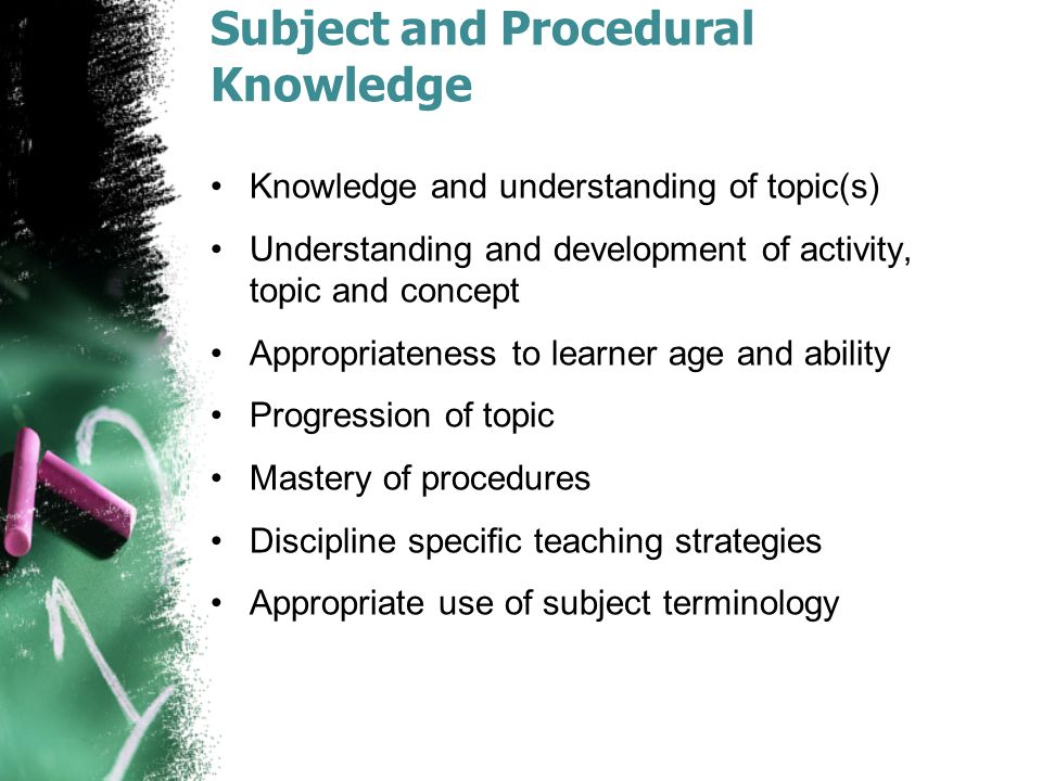 Subject and Procedural Knowledge Knowledge and understanding of topic(s) Understanding and development of activity, topic and concept Appropriateness to learner age and ability Progression of topic Mastery of procedures Discipline speciﬁc teaching strategies Appropriate use of subject terminology