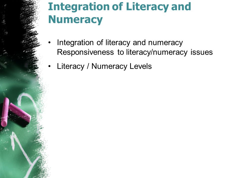 Integration of Literacy and Numeracy Integration of literacy and numeracy Responsiveness to literacy/numeracy issues Literacy / Numeracy Levels
