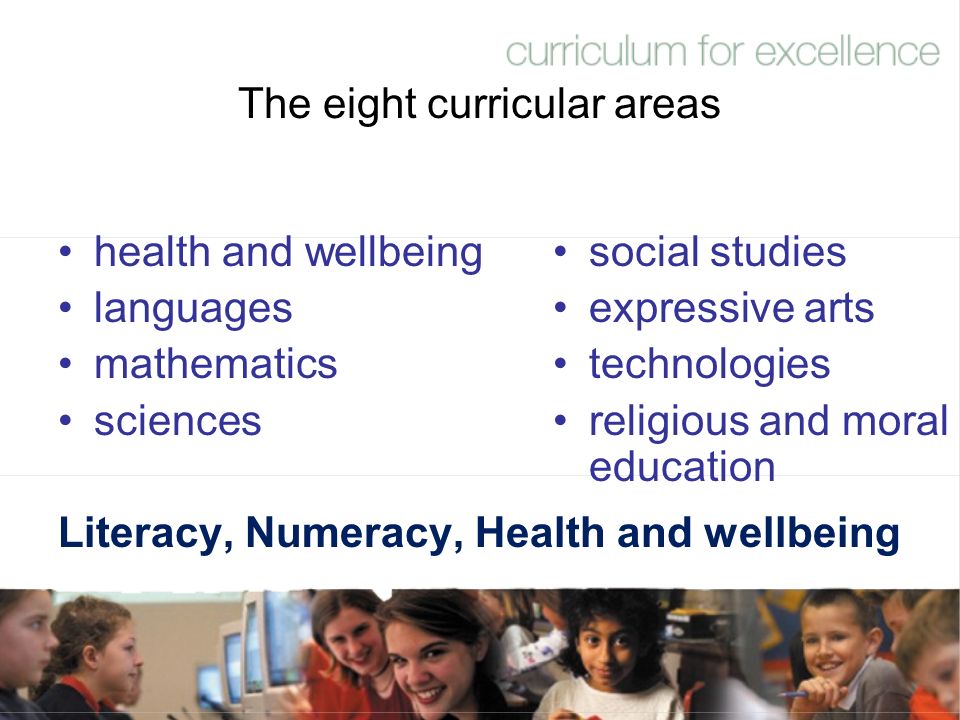 The eight curricular areas health and wellbeing languages mathematics sciences Literacy, Numeracy, Health and wellbeing social studies expressive arts technologies religious and moral education
