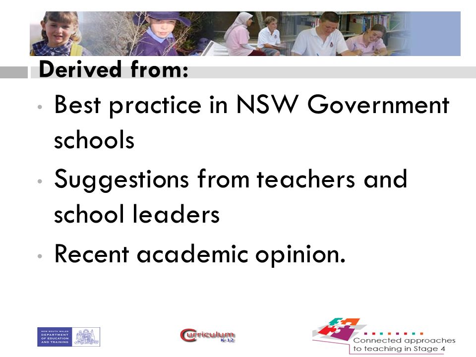 Derived from: Best practice in NSW Government schools Suggestions from teachers and school leaders Recent academic opinion.
